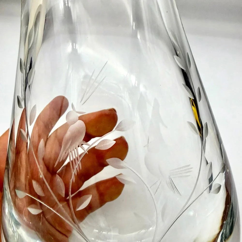 Vintage Art Glass Vase Medium Clear Mid-Century Etched Birds Heavy Base